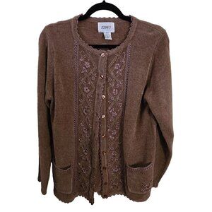 Jenny Vintage Light Brown Embroidered Grandma Cardigan Sweater Size S